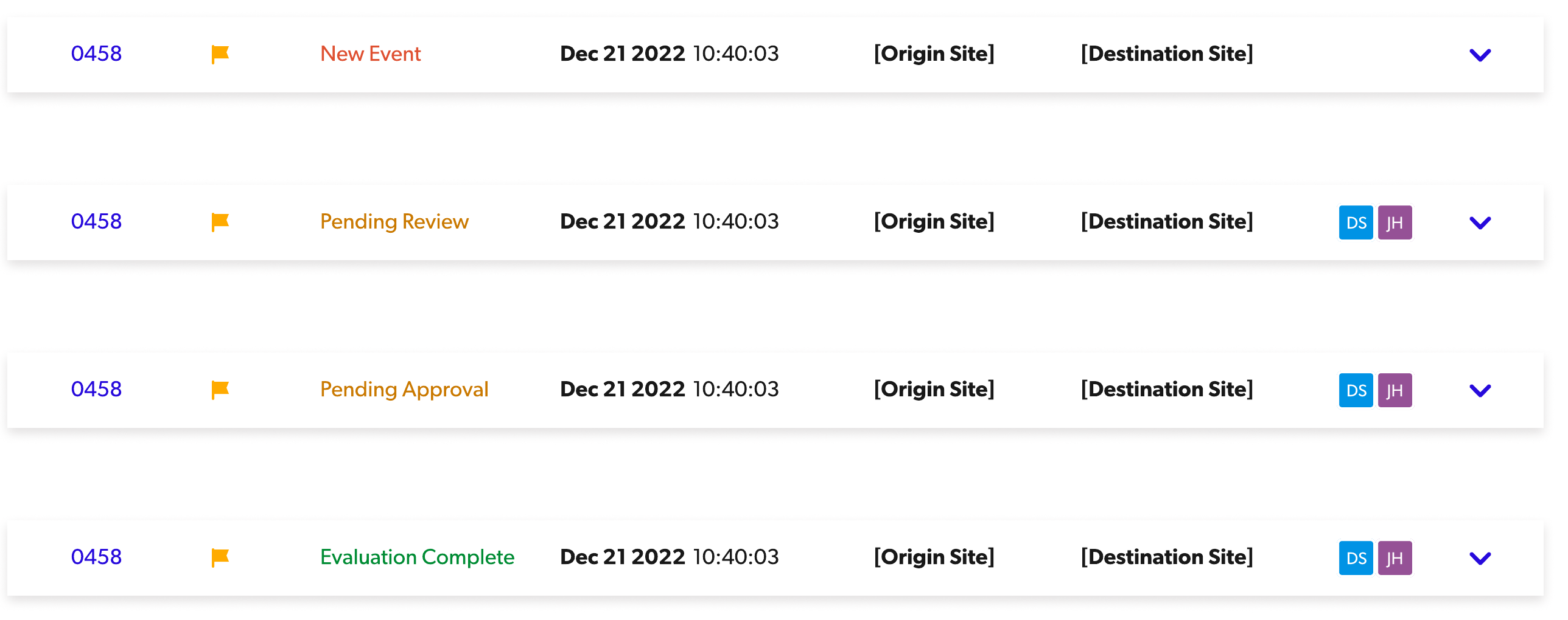 The same event row drawn four times, once per status, with assignee initials on the last three.