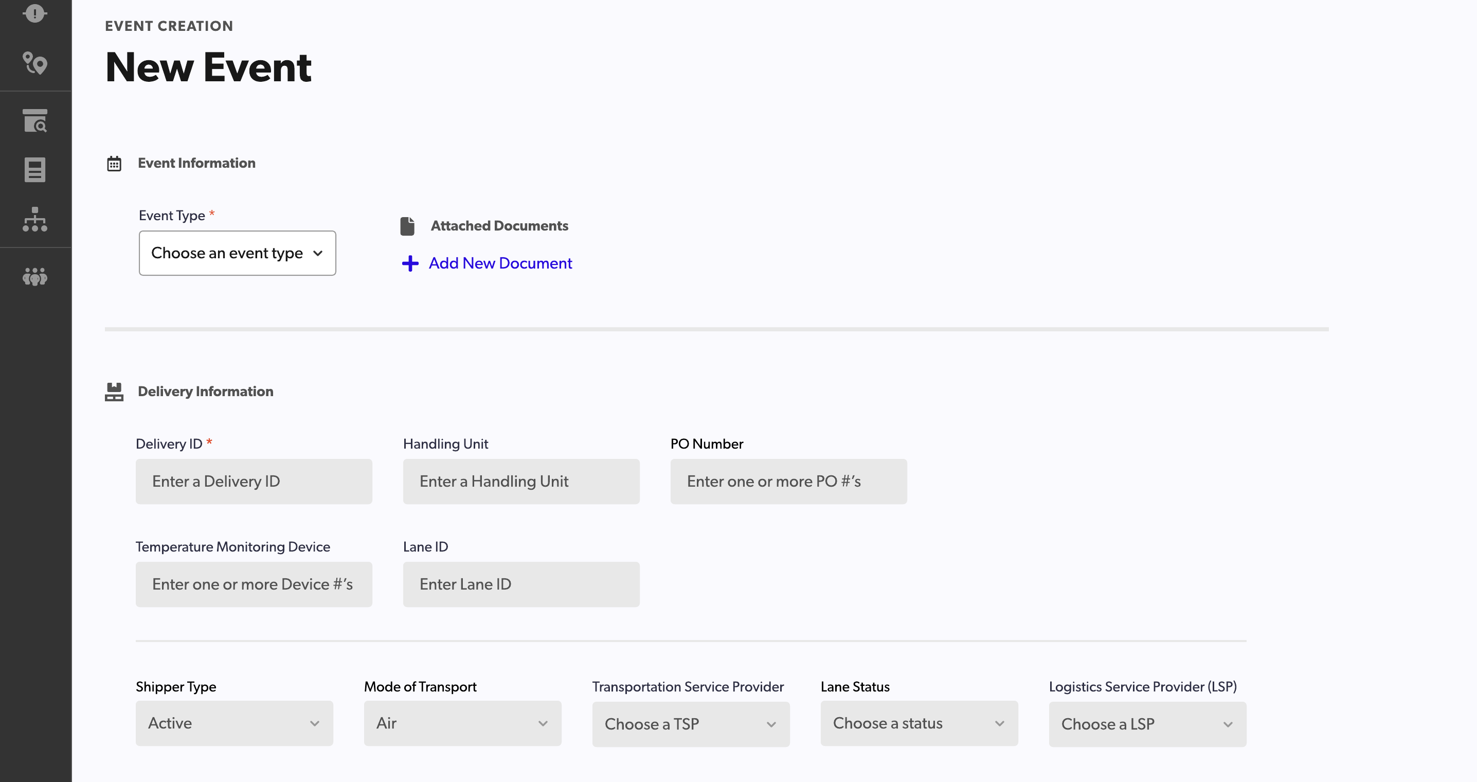 The New Event form showing Event Information and Delivery Information sections with empty fields and five transport selects.