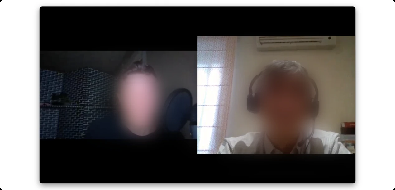 A two-person video call, faces blurred.
