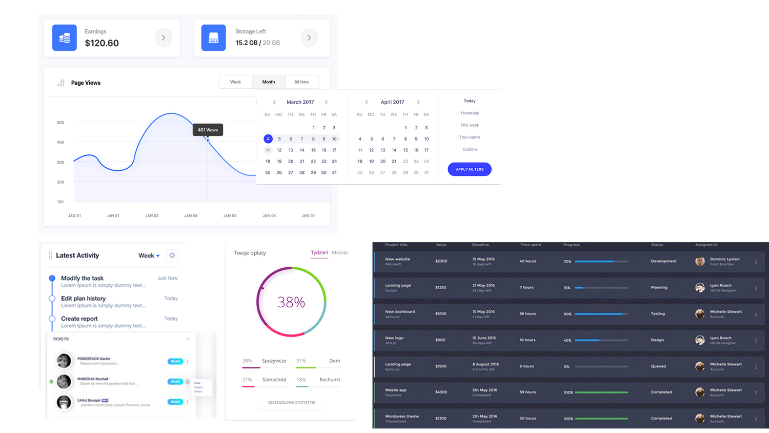 A mockup assembled from parts of other dashboards: an earnings and storage row, a page views chart with two calendars, an activity feed, a donut chart, and a dark project table.