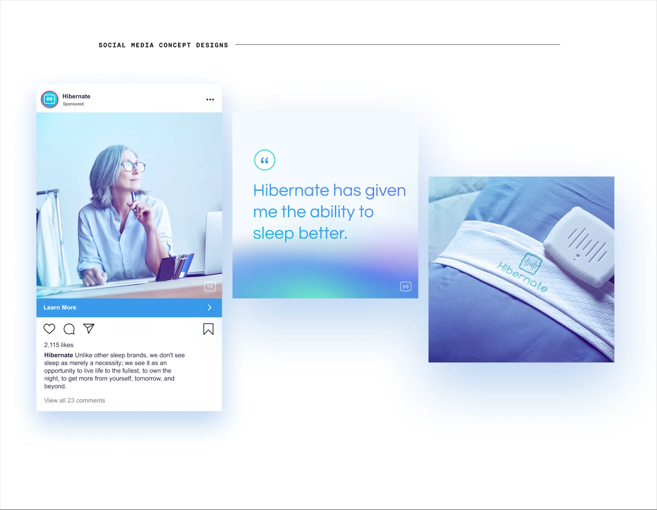 Hibernate social media concepts: a sponsored post, a customer quote card, and a product photo.