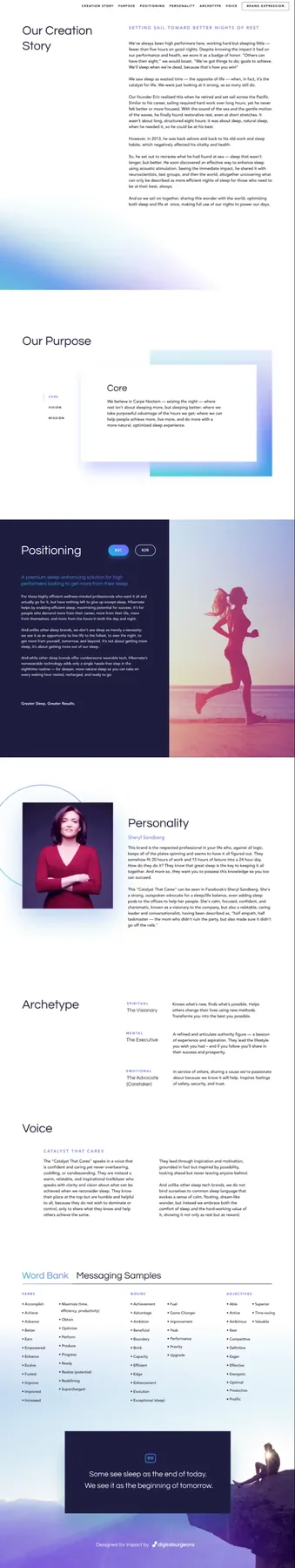 Brand strategy document showing creation story, purpose, positioning, personality, archetype, and voice