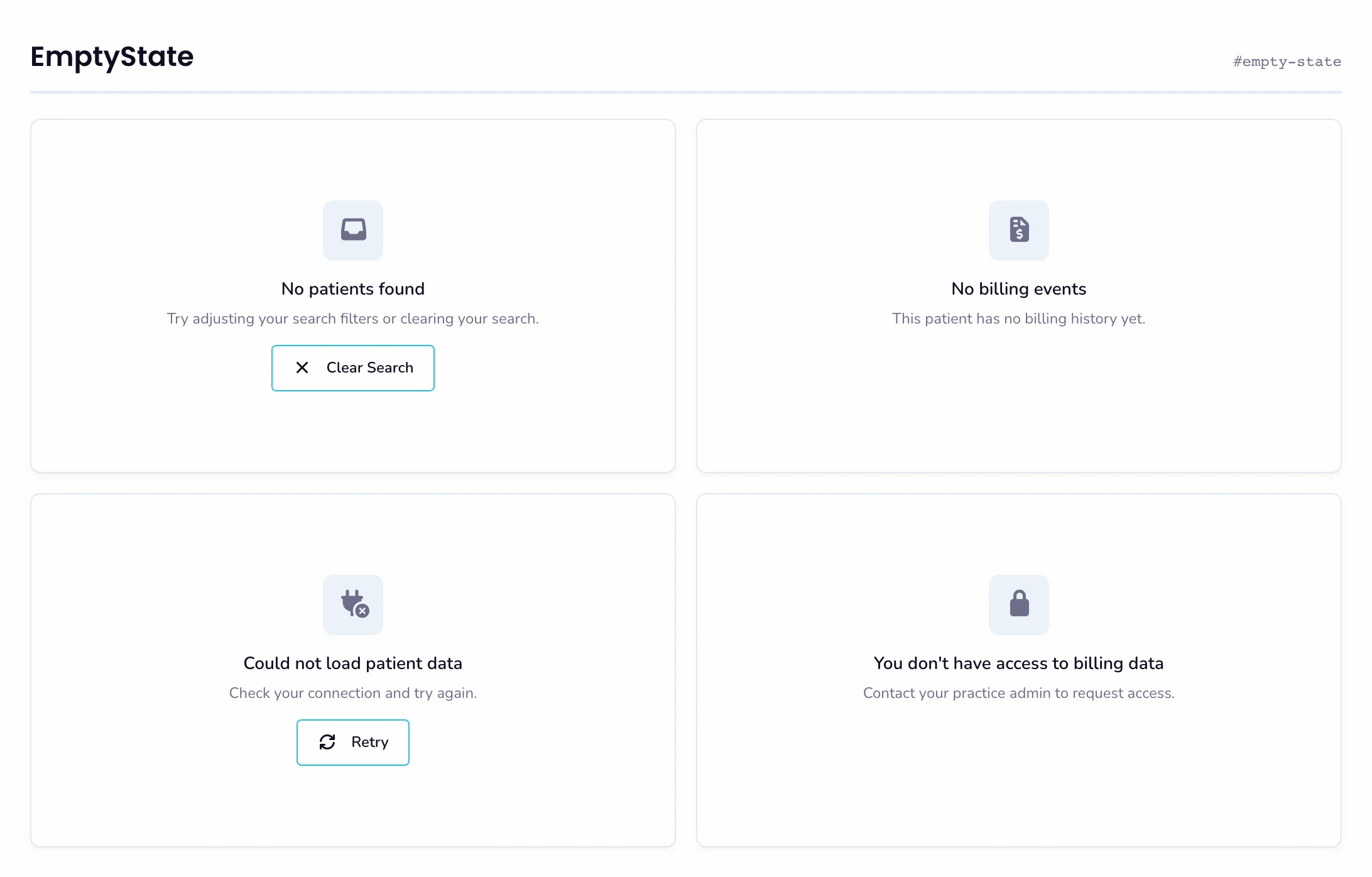 Four empty-state cards: No patients found with a Clear Search button, No billing events, Could not load patient data with a Retry button, and You don't have access to billing data.
