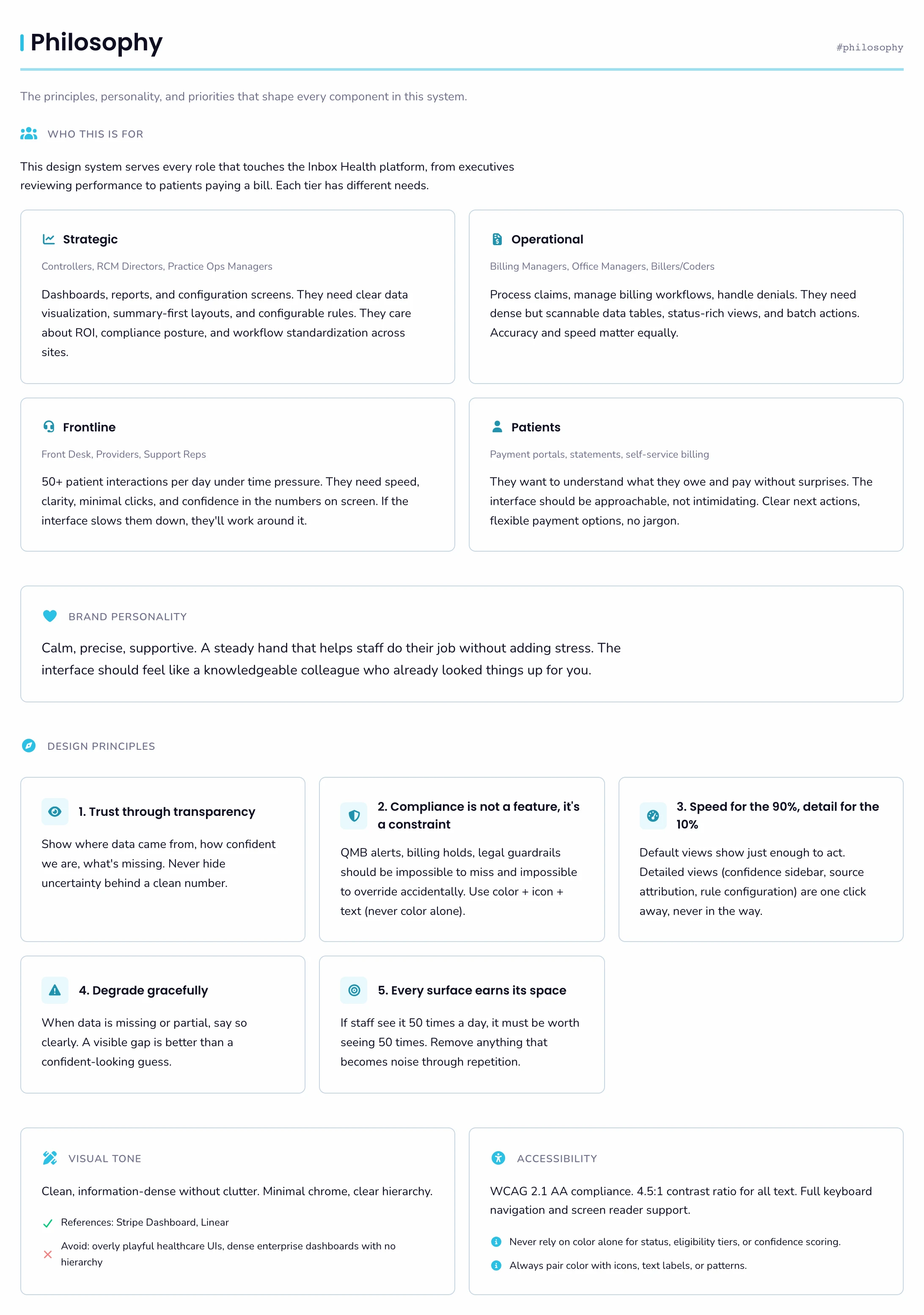 The design system Philosophy page: four audience cards (Strategic, Operational, Frontline, Patients), a brand personality statement, five numbered design principles, and visual tone and accessibility notes.