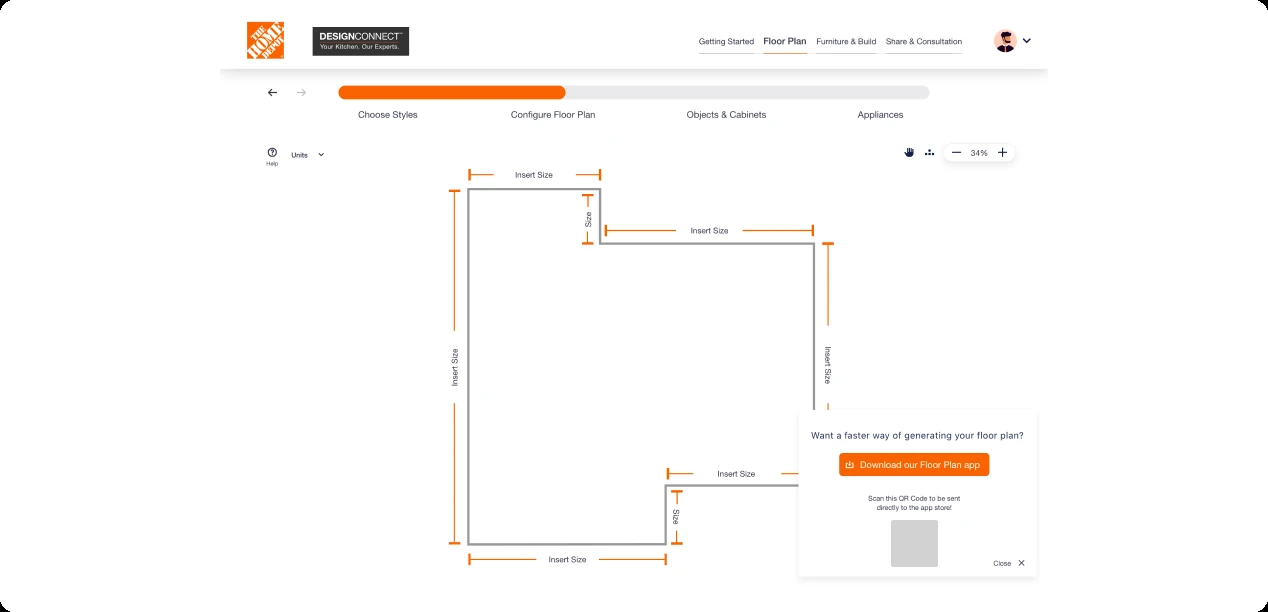 The DesignConnect Configure Floor Plan step: a room outline with Insert Size fields on each wall, and a panel offering the Floor Plan app.
